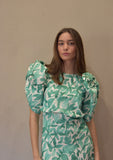 Vestido manga abullonada flores verdes