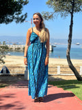 Vestido estampado azul cintas negras