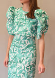 Vestido manga abullonada flores verdes