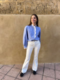 Camisa celeste rayas volante troquelado